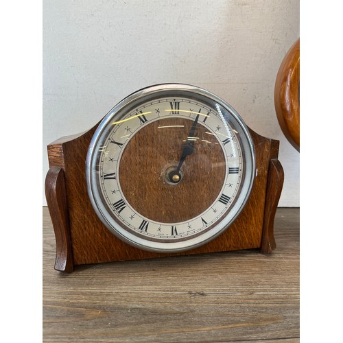 634 - Two items, one oak cased quartz mantel clock and one J. D. Siddall wooden cased barometer