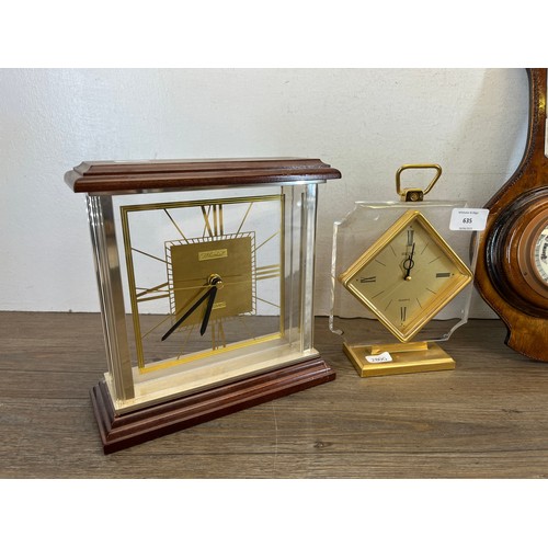 635 - Four items, one walnut cased barometer, one Seiko quartz mantel clock, one Whitehall quartz mantel c... 