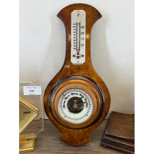 635 - Four items, one walnut cased barometer, one Seiko quartz mantel clock, one Whitehall quartz mantel c... 