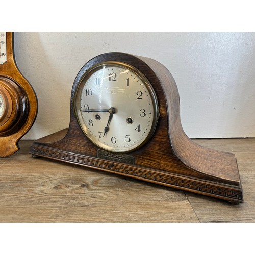 635 - Four items, one walnut cased barometer, one Seiko quartz mantel clock, one Whitehall quartz mantel c... 