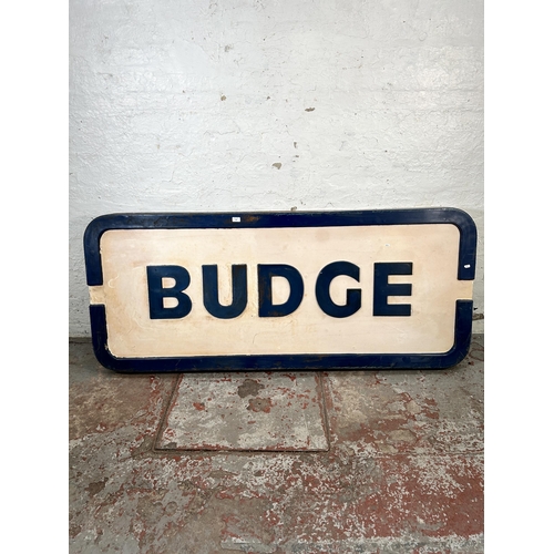 198 - A mid 20th century 'Budge' fibreglass advertising sign - approx. 84cm high x 184cm wide x 11cm deep