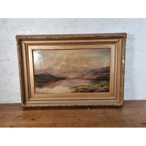 220 - A 19th century gilt framed oil on canvas of a fishing and landscape scene  - approx. 58cm high x 83c... 