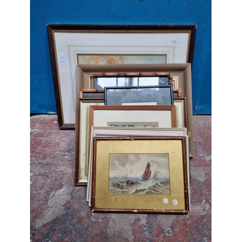 221 - A collection of pictures to include Edwardian J. Lyon watercolour of sailing ships dated 1906, J. R.... 