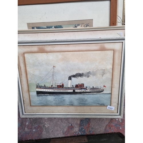 221 - A collection of pictures to include Edwardian J. Lyon watercolour of sailing ships dated 1906, J. R.... 