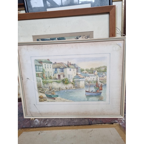 221 - A collection of pictures to include Edwardian J. Lyon watercolour of sailing ships dated 1906, J. R.... 