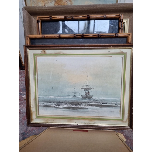 221 - A collection of pictures to include Edwardian J. Lyon watercolour of sailing ships dated 1906, J. R.... 