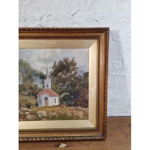 227 - A gilt framed oil painting of a church scene - approx. 34cm high x 50cm wide