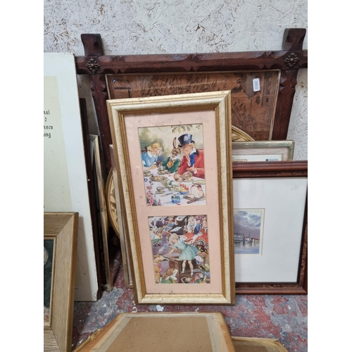 228A - A collection of framed pictures to include map of Chester, Benham Christmas Pantomime silk covers et... 