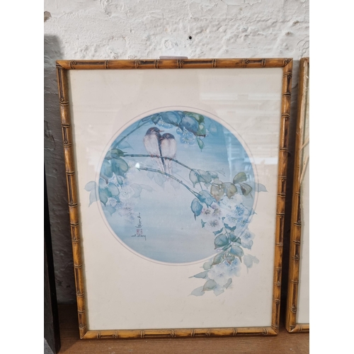 231 - Three Oriental framed pictures, one silk embroidery and two J. Cheng bird prints