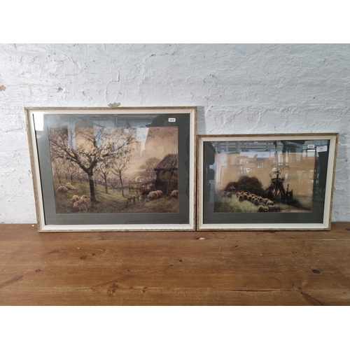 244 - Two framed farming scene watercolours by John Robert Keitley Duff - approx. 46cm high x 60cm wide