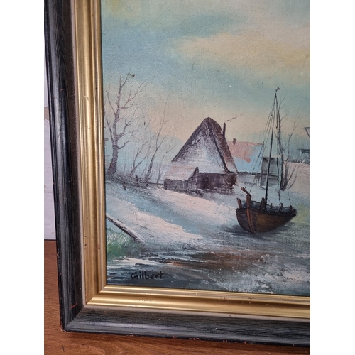 244A - A framed oil on canvas of a winter landscape scene signed Gilbert - approx. 49cm high x 59cm wide