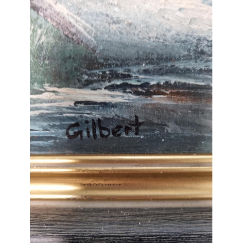 244A - A framed oil on canvas of a winter landscape scene signed Gilbert - approx. 49cm high x 59cm wide