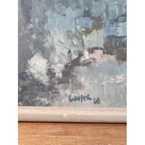 251 - A mid 20th century framed oil on board of a landscape scene signed Cooper and dated 1968 - approx. 6... 