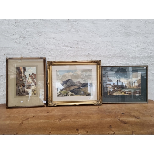 253 - Three pictures to include watercolour of a landscape scene signed lower right and dated 1950 etc.