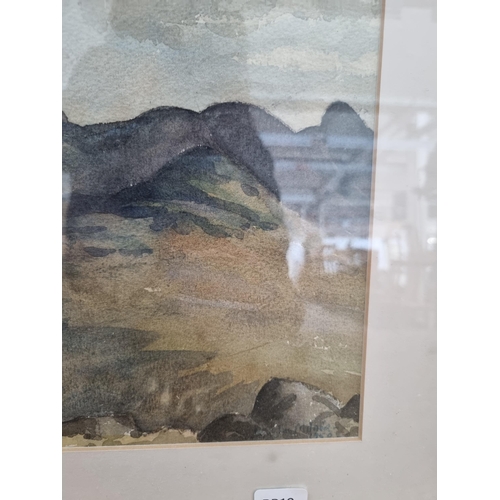 253 - Three pictures to include watercolour of a landscape scene signed lower right and dated 1950 etc.