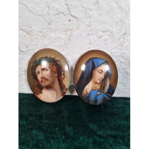 272 - Two antique hand painted porcelain miniature portrait plaques of Jesus and Mary - approx. 8cm high x... 