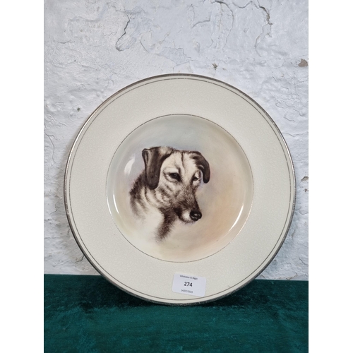 274 - A Minton Bridal Veil fine bone china plate with hand painted Lurcher scene by V. McNicholas and date... 