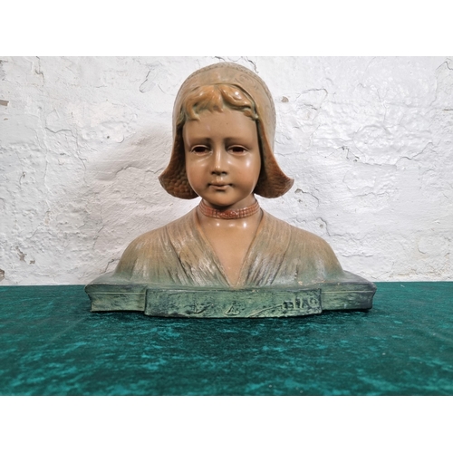 292 - An early 20th century European hand painted chalkware bust - approx. 27cm high x 30cm wide