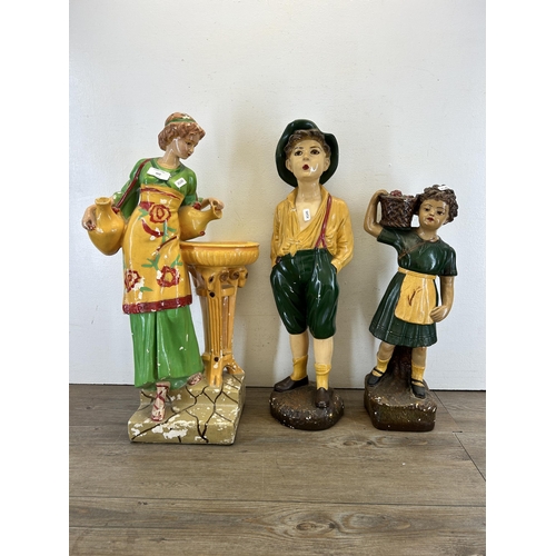 302 - Three 1930s hand painted chalkware figurines - largest approx. 62cm high