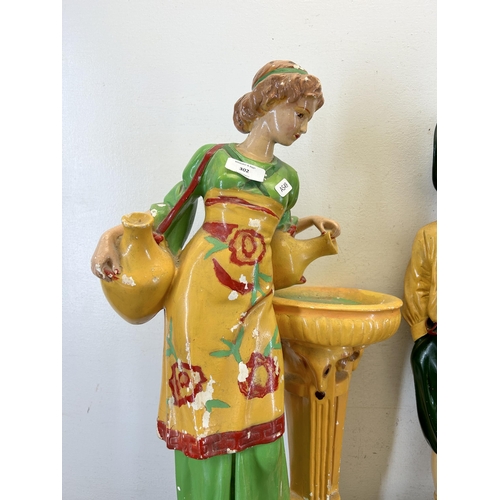 302 - Three 1930s hand painted chalkware figurines - largest approx. 62cm high