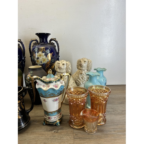 318 - A collection of 19th century and later ceramics and glassware to include carnival glass, Jetware, pa... 