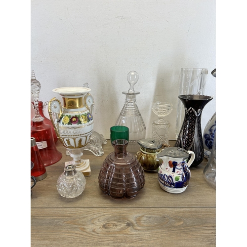 320 - A collection of 19th century and later ceramics and glassware to include cranberry glass, hand paint... 