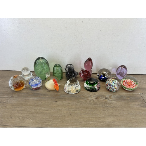 330 - Fourteen art glass paperweights to include Caithness Tikka The Chicken, Millefiori etc.