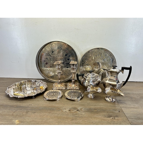 361 - A collection of silver plated ware to include Art Deco coffee and teapot, pair of candlesticks, two ... 