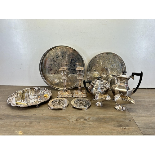 361 - A collection of silver plated ware to include Art Deco coffee and teapot, pair of candlesticks, two ... 