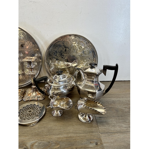 361 - A collection of silver plated ware to include Art Deco coffee and teapot, pair of candlesticks, two ... 