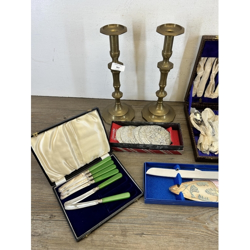 362 - A collection of metalware to include pair of 19th century style brass candlesticks, cased EPNS 12 pi... 