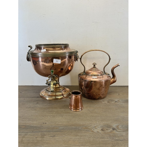 365 - Three pieces of 19th century copperware, one kettle, one samovar and one measuring jug