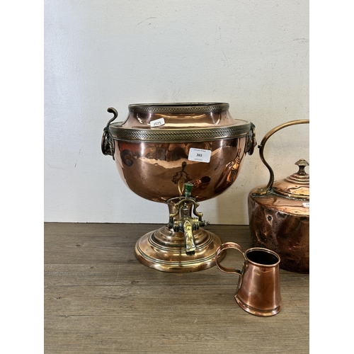 365 - Three pieces of 19th century copperware, one kettle, one samovar and one measuring jug