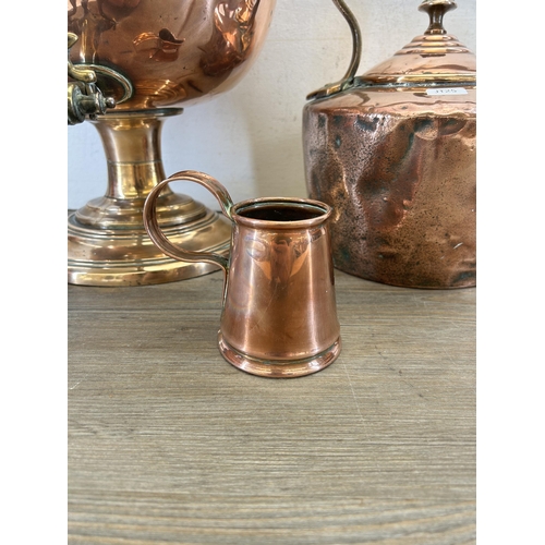 365 - Three pieces of 19th century copperware, one kettle, one samovar and one measuring jug