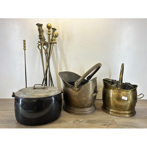 368 - A collection of 19th century and later metalware to include two Victorian brass coal scuttles, brass... 