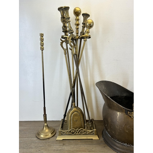 368 - A collection of 19th century and later metalware to include two Victorian brass coal scuttles, brass... 