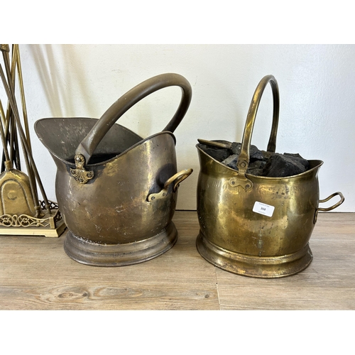 368 - A collection of 19th century and later metalware to include two Victorian brass coal scuttles, brass... 