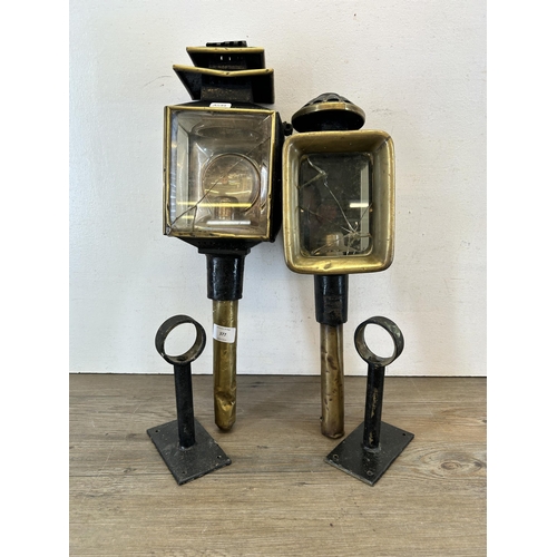 377 - Two 19th century brass and cast metal carriage lanterns, one being F. Selby & Co Birmingham