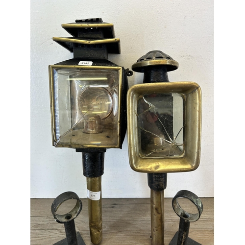 377 - Two 19th century brass and cast metal carriage lanterns, one being F. Selby & Co Birmingham