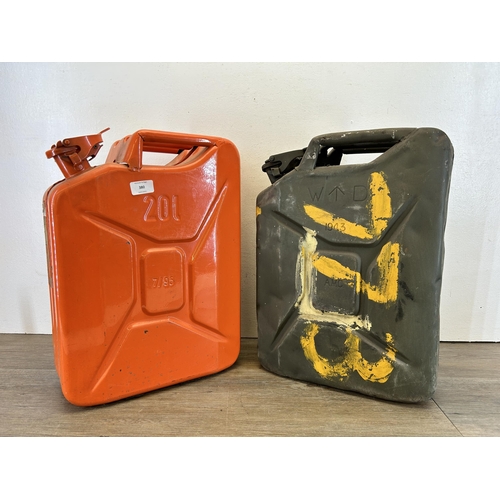 380 - Two metal jerry cans, one World War II military issued and one Saxon