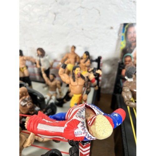 416 - A large collection of WWE wrestling action figurines and accessories to include over one hundred fig... 