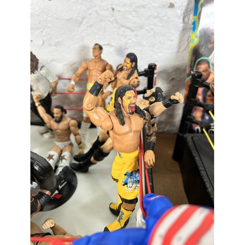 416 - A large collection of WWE wrestling action figurines and accessories to include over one hundred fig... 