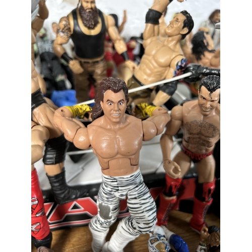 416 - A large collection of WWE wrestling action figurines and accessories to include over one hundred fig... 