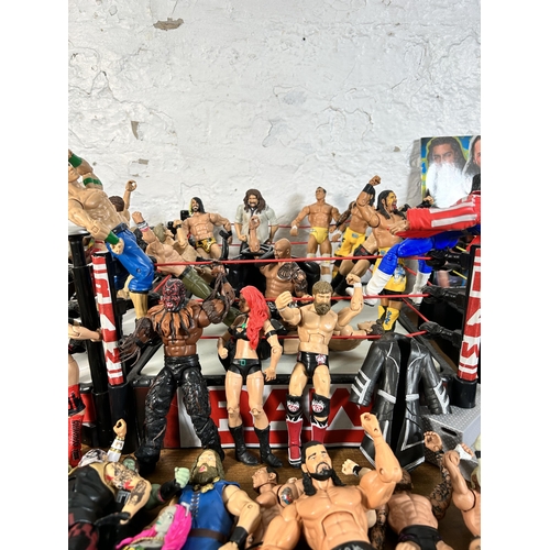 416 - A large collection of WWE wrestling action figurines and accessories to include over one hundred fig... 