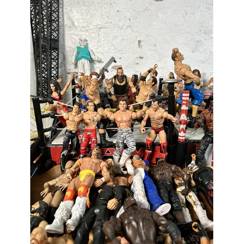 416 - A large collection of WWE wrestling action figurines and accessories to include over one hundred fig... 