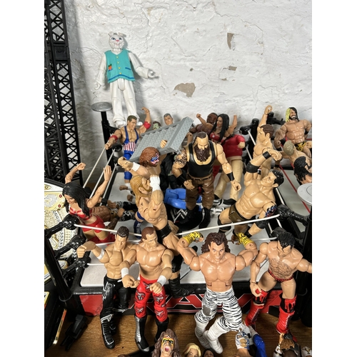 416 - A large collection of WWE wrestling action figurines and accessories to include over one hundred fig... 