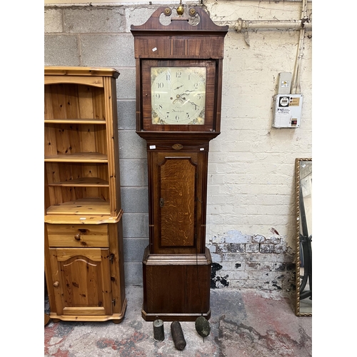 14 - A Georgian J. Wild Macclesfield inlaid mahogany and oak cased grandfather clock with hand painted en... 