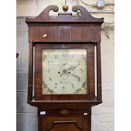 14 - A Georgian J. Wild Macclesfield inlaid mahogany and oak cased grandfather clock with hand painted en... 