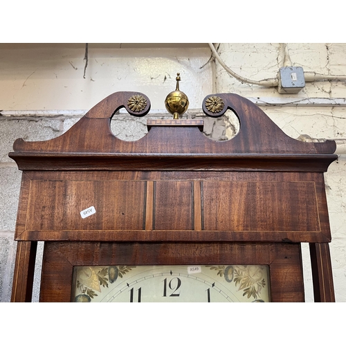 14 - A Georgian J. Wild Macclesfield inlaid mahogany and oak cased grandfather clock with hand painted en... 