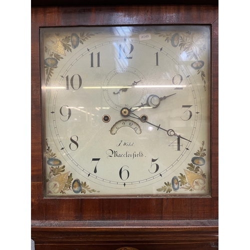 14 - A Georgian J. Wild Macclesfield inlaid mahogany and oak cased grandfather clock with hand painted en... 